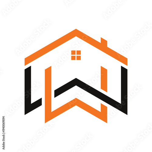 Schilderij op canvas Modern geometric logo featuring intertwined W letters forming a house outline with a roof and window, in orange and black