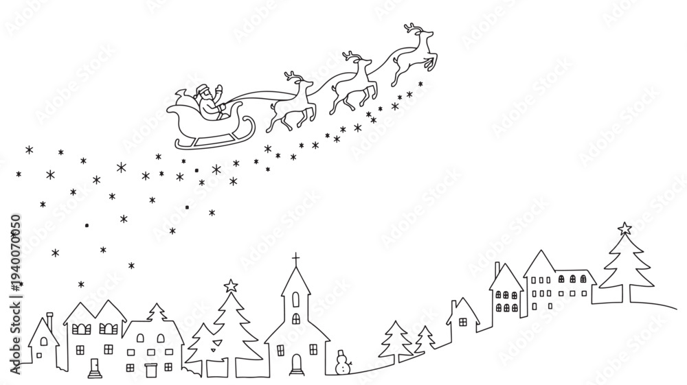 Obraz premium Santa Claus in his sleigh pulled by reindeer flying over a village with snow and Christmas trees. featuring winter, holiday, festive with night and