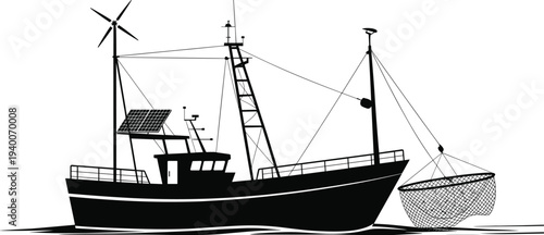 Fishing boat silhouette with trawl net, radar, solar panel and wind turbine equipment, commercial fishing vessel at sea isolated on white background