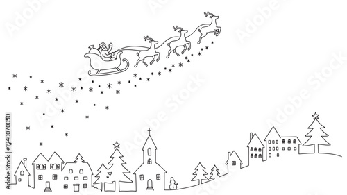 Santa Claus in his sleigh pulled by reindeer flying over a village with snow and Christmas trees. featuring winter, holiday, festive with night and
