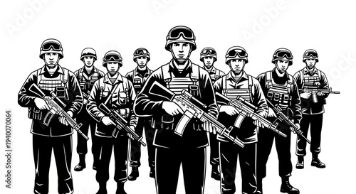 Group of soldiers standing in formation with rifles