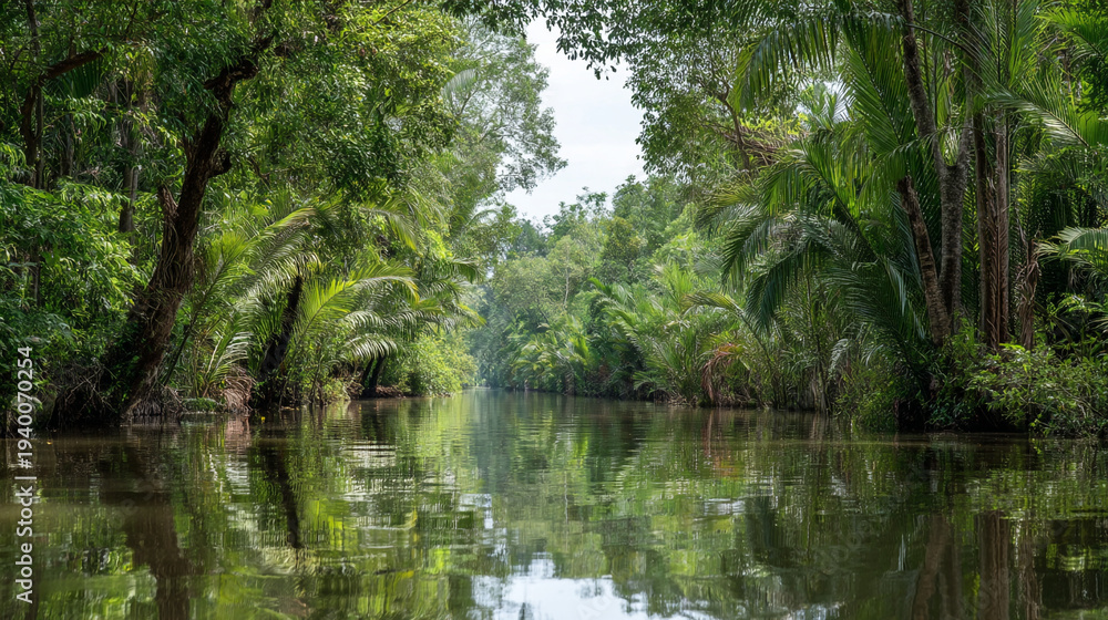 Obraz premium A serene tropical river flows through a lush green jungle landscape
