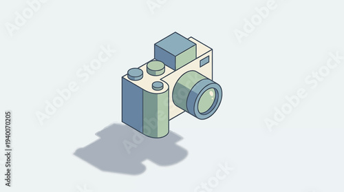 Geometric Isometric Illustration of a Modern Digital Camera with Lens, Perfect for Photography and Creative Design Projects