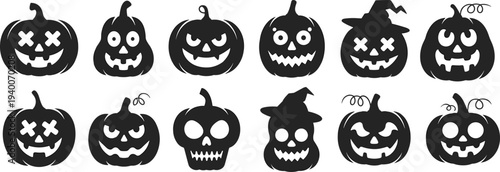 Halloween pumpkin and skull silhouette icon collection with different jack o lantern faces and witch hat designs spooky autumn holiday vector illustration set