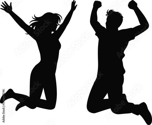 Happy jumping people silhouettes, excited man and woman celebrating success with raised arms, energetic jump pose isolated on white background for freedom and victory concept