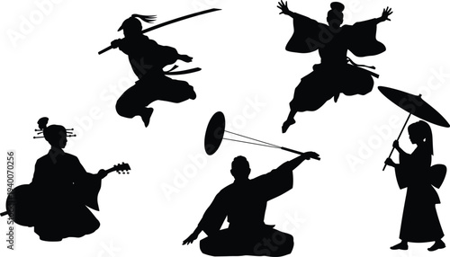 Japanese culture silhouettes set featuring samurai warrior, geisha with umbrella, traditional musician, acrobat performer and ninja in dynamic poses isolated on white background