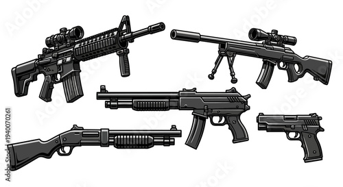 Collection of firearms including rifles, shotguns, and pistols for design