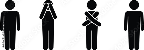 Human body language icons set showing standing, crying and crossed arms poses, simple people silhouette symbols for emotion, behavior and communication design