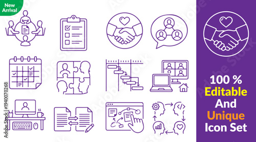 Team Collaboration Workspace Line Icon Set – Project Management and Office Symbols