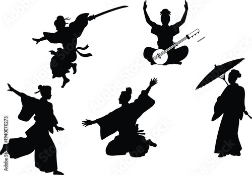Japanese traditional culture silhouette set with samurai warrior, geisha and dancer poses, Asian heritage illustration isolated on white background for cultural design