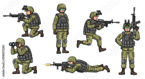 Cartoon military soldiers vector illustration set in various combat poses, ready for action and tactical operations