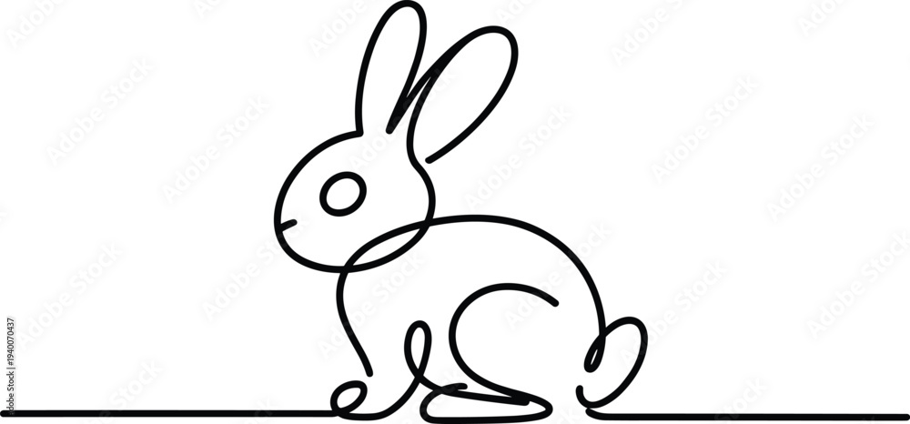 Fototapeta premium Black line of a sitting rabbit with long ears on white background line black