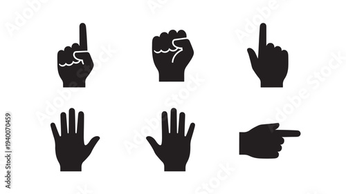 Hands icons showing different gestures and counting fingers in black silhouette style featuring hand, icon, gesture with number one and fist elements