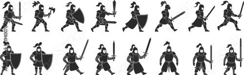 Medieval knight warrior silhouette icon set with swords, shields and battle poses isolated black armor soldier collection for fantasy, history and combat design