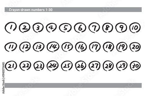 シンプルな手描きの丸で囲った番号素材　クレヨンタッチのセット