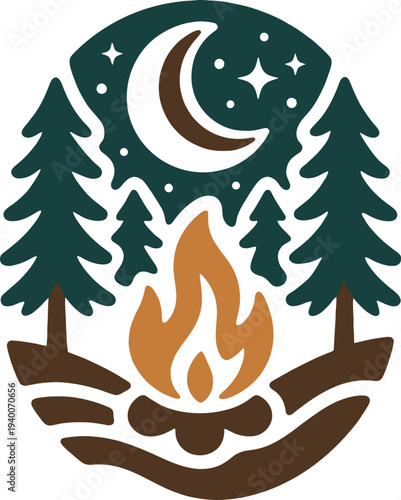 Creative flat design of a campfire in the woods with pine trees under a crescent moon and starry night sky background.