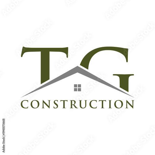 Professional logo for TG Construction featuring dark green letters T and G with a grey roof graphic and the word Construction below.