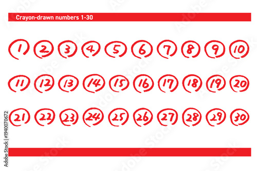 シンプルな手描きの丸で囲った番号素材　クレヨンタッチのセット