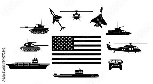 Collection of Military Vehicles and Aircraft with American Flag, The American Military Power