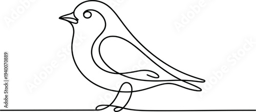 Continuous line of small bird perched on horizontal line in profile view facing left