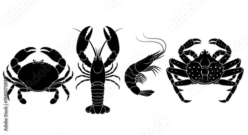 Collection of Silhouetted Seafood Crab, Lobster, and Shrimp Illustrations