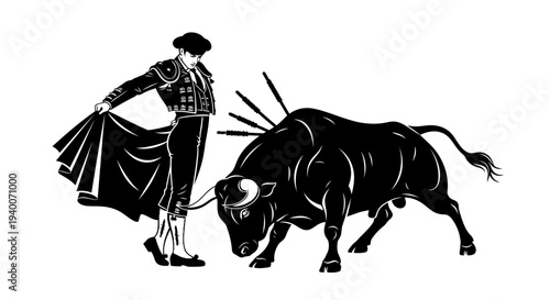 Dynamic illustration of a brave matador confronting a powerful bull in a traditional Spanish spectacle