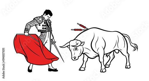Stylized Graphic of a Matador Wielding a Red Cape Facing an Aggressive Bull in a Traditional Spanish Scene
