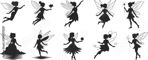 Set of flying fairy silhouettes with wings, magic wand and flowers in different poses, fantasy female characters collection isolated on white background