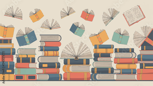 Stacks of multicolored books with some open and floating educational background