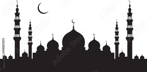 Silhouette of islamic mosque with minarets and crescent moon illustration