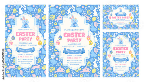 Easter party invitation card, flyer, poster, banner, social media post templates. Vintage frame, blue background, seamless pattern, bunny, eggs. Cute design for Easter celebration. Vector illustration