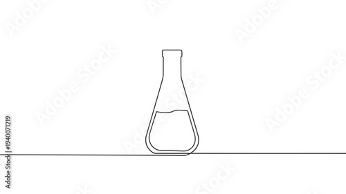 Flask with liquid continuous line drawing, representing chemistry experiments and scientific research in a clean, minimalist style.