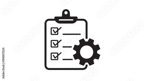 Clipboard checklist with checkmarks and gear icon indicating process and task management for project planning and workflow automation.