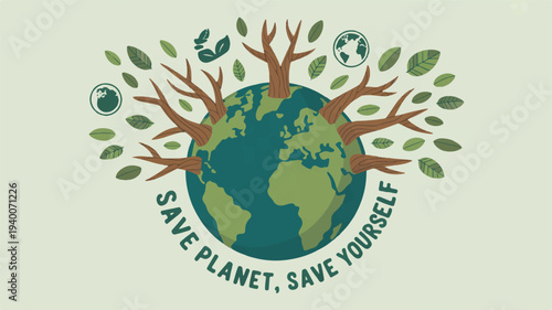 Eco friendly earth illustration with tree save planet environmental concept green background