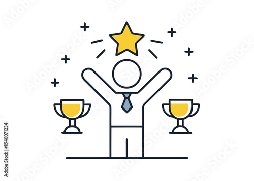 A white stick figure wearing a blue tie raises its arms under a yellow star flanked by two trophy cups on a white background.