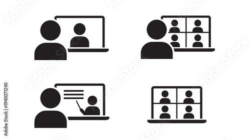 Icons representing video calls and online meetings with multiple participants and presentation displays on laptops.