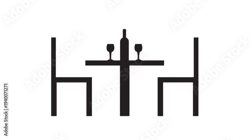 Table setting with wine bottle and two glasses for romantic dinner, minimalist black and white icon.