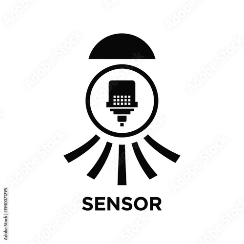 A minimalist black and white illustration depicts a circular sensor with radiating lines labeled sensor underneath high quality professional detailed modern elegant stylish clean crisp vibrant