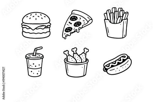 Hand Drawn Fast Food Doodle Icons Set Line Art