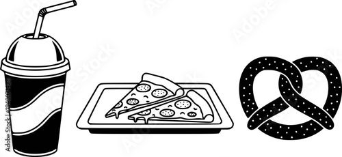 Black and white of a soda cup pizza slices a tray and a pretzel a white background