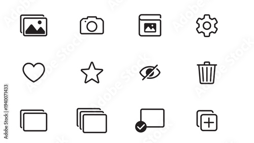 Icons collection for digital interface design, featuring gallery, camera, and settings elements with simple line art styles.