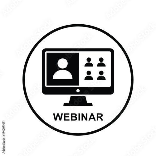 A simple black and white icon depicts a computer screen displaying a video conference with multiple participants labeled webinar high quality professional detailed modern elegant stylish