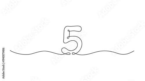 Number five drawn with a single continuous black line on a white background, representing abstract minimalist art and counting.