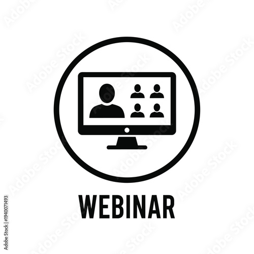 A simple black and white circular icon depicts a computer monitor displaying multiple people alongside the text webinar below high quality professional detailed modern elegant stylish