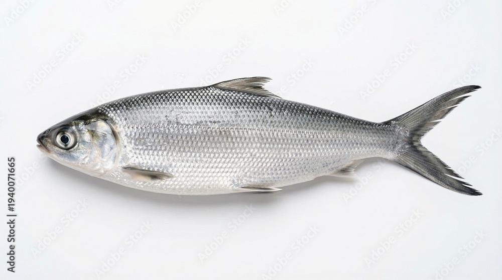 Fototapeta premium A shiny fish lies on a clean surface with its fins spread.