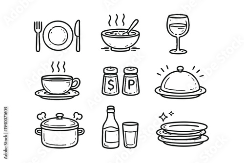 Hand Drawn Restaurant and Dining Icon Set in Doodle Style