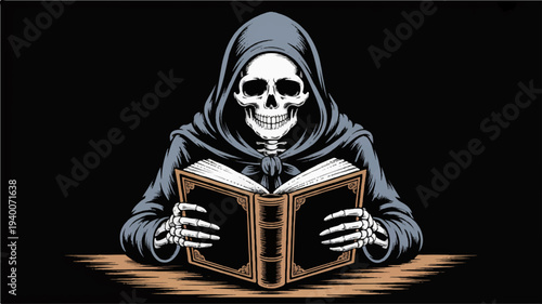 Vintage grim reaper reading book in dark hood on black background mystical atmosphere eerie illustration
