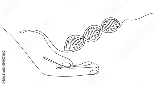 DNA strand held in an open hand, a continuous black line drawing symbolizing life and genetics science.