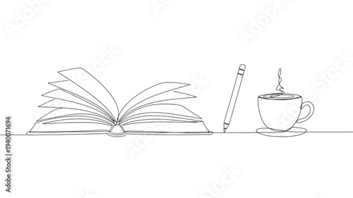 Book with pencil and steaming cup of coffee on a saucer, depicted in a minimalist continuous line art style.