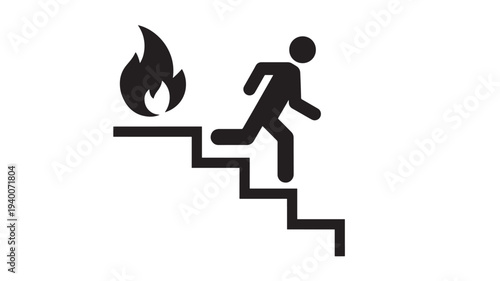 Person running down stairs away from fire icon, black silhouette symbol representing emergency escape and evacuation procedures in a building.
